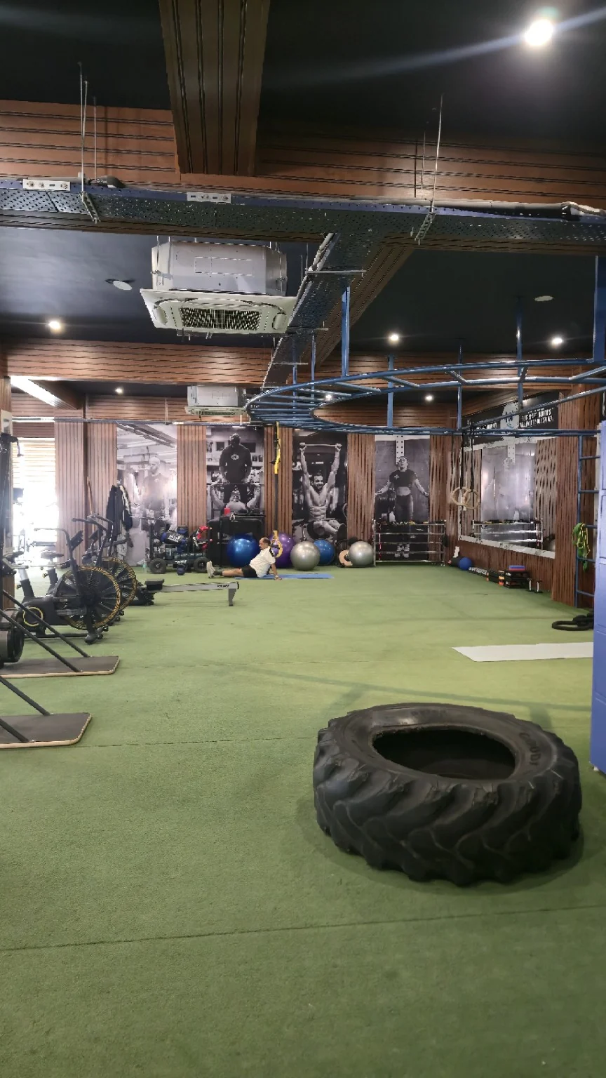 Functional turf with rig, rings, tyre, air bikes and mats