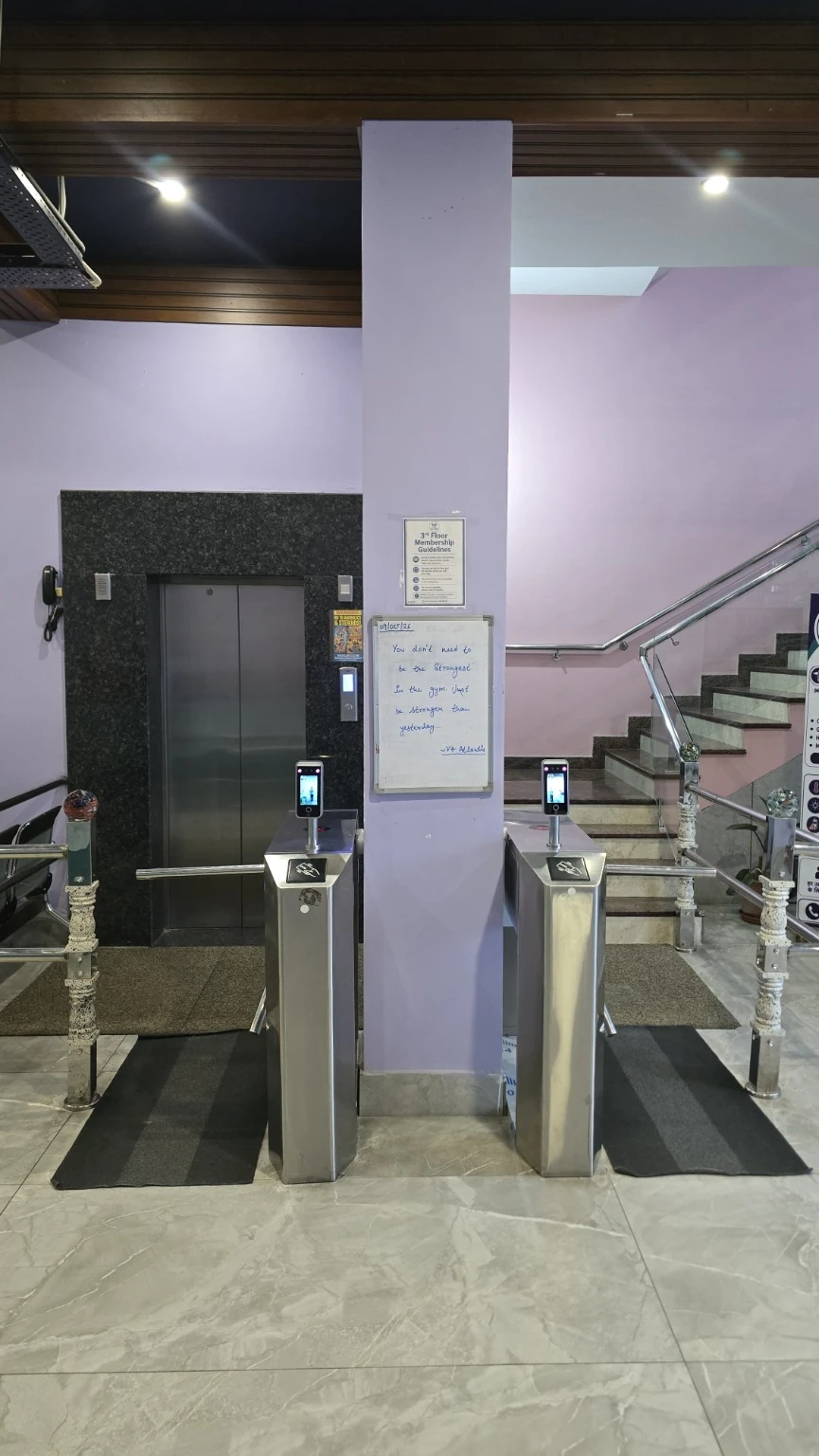 Entry gates in front of the lift and stairway in the Atlantis entrance lobby