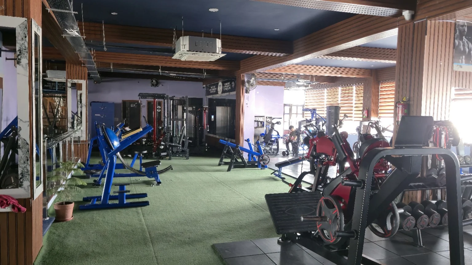 Bright strength floor with turf, blue and black resistance machines and mirrors