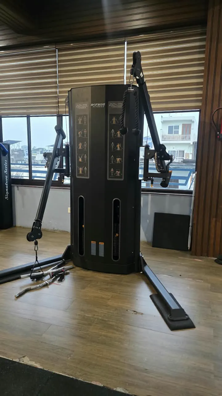 Black dual cable column with training handles on the timber floor beside the window