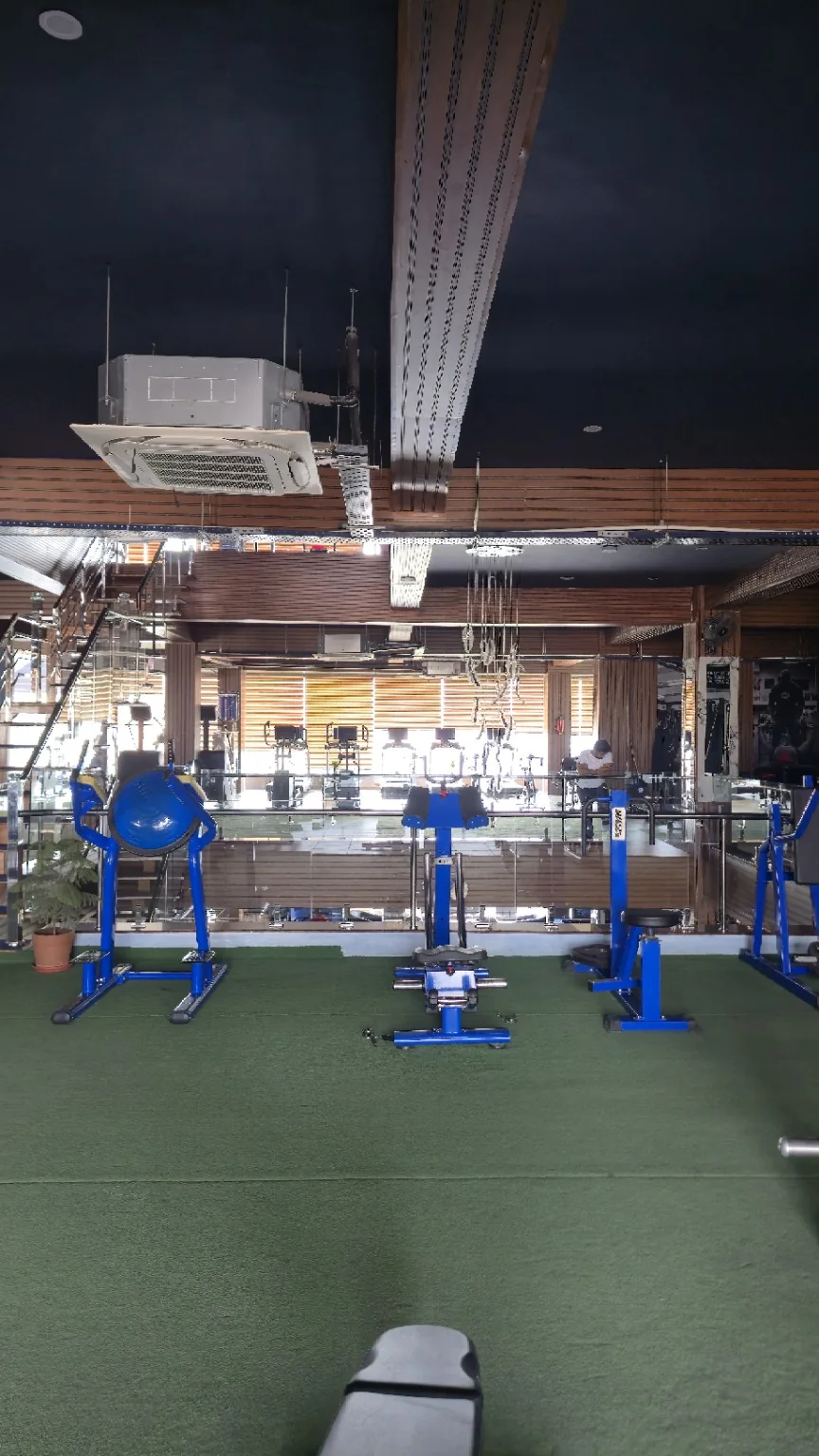 Blue strength equipment on upper-floor green turf beside the atrium