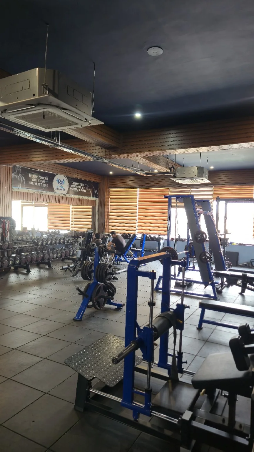 Blue plate-loaded machines and dumbbell racks on the strength floor